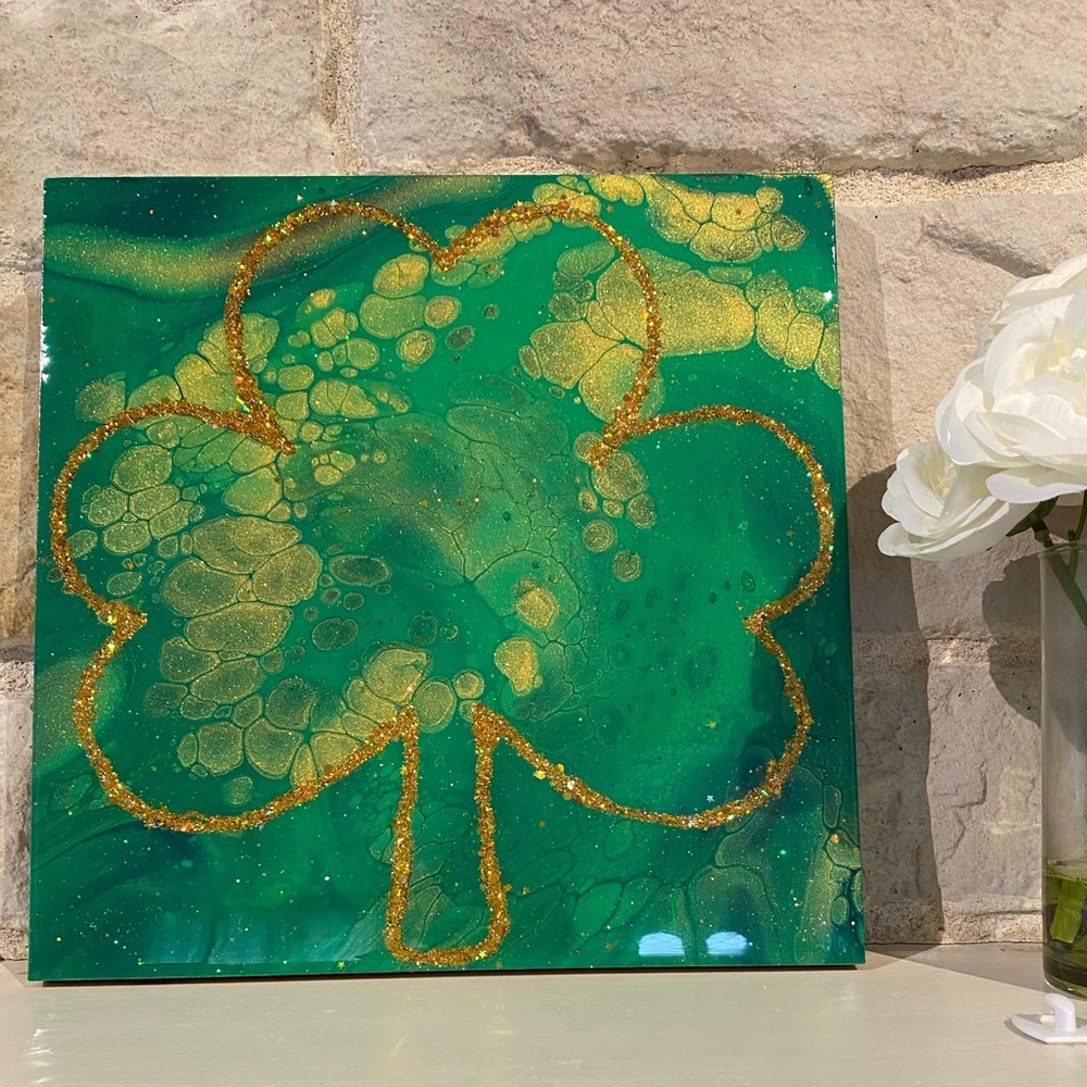 Hand painted 🍀 12x12 abstract acrylic Fluid pour Art wood panel Irish green